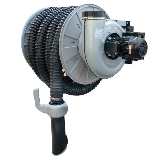 Motoros hajtású kipufogótömlő dob, elszívóval és távirányítóval. 76mm x 8m tömlővel