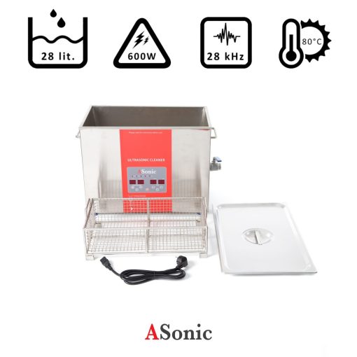 Ultrahangos tisztító 28l SUS316L rozsdamentes acél tartály 2mm vastag, 600W, 28kHz, 80°C