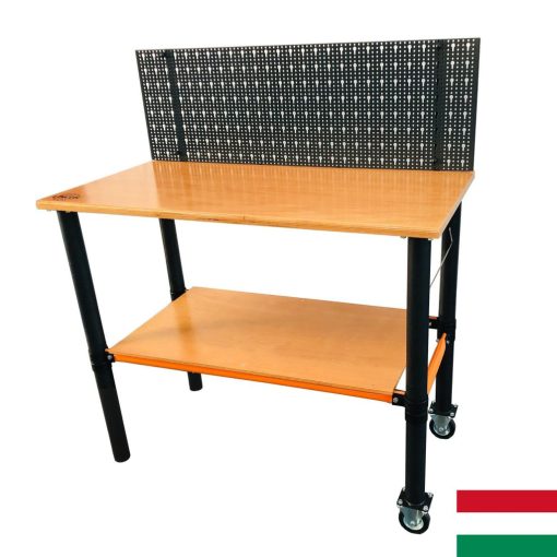 Mobil munkaasztal két kerékkel, polccal és szerszámtartó hátfallal 125x62x105cm