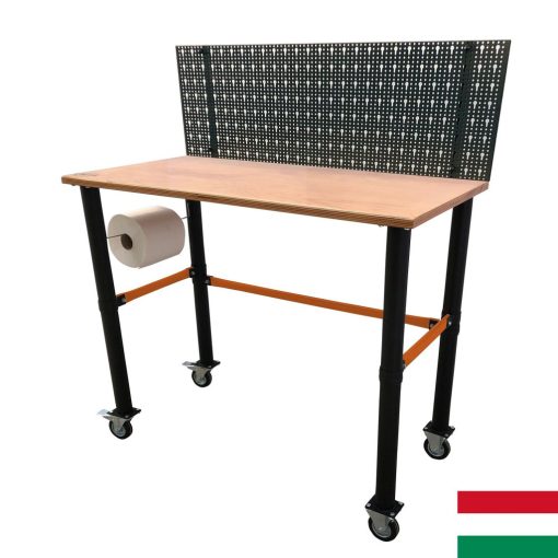 Mobil munkaasztal négy kerékkel és szerszámtartó hátfallal 125x62x105cm